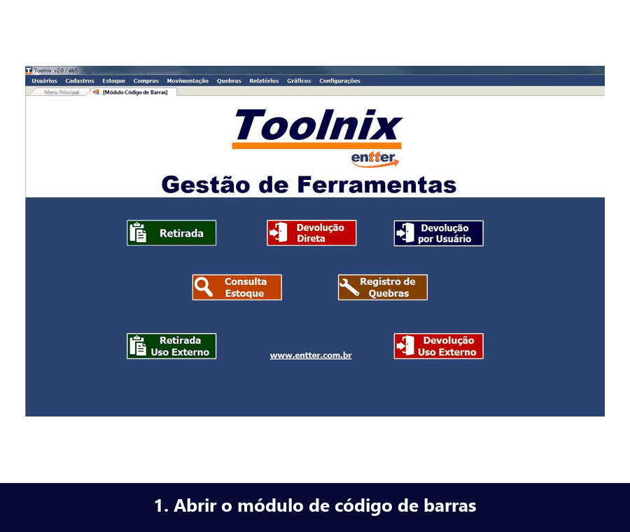 Fluxo de retirada por código de barras: abrir módulo, ler código, ticket de retirada assinado, ticket de devolução assinado